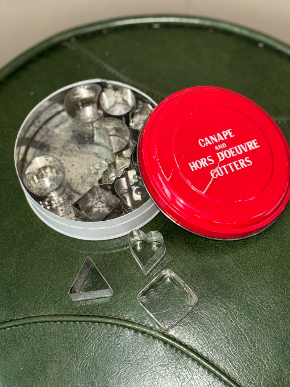 Vintage Canape and Hors d'Oeuvre Cutters Tin with Red Lid